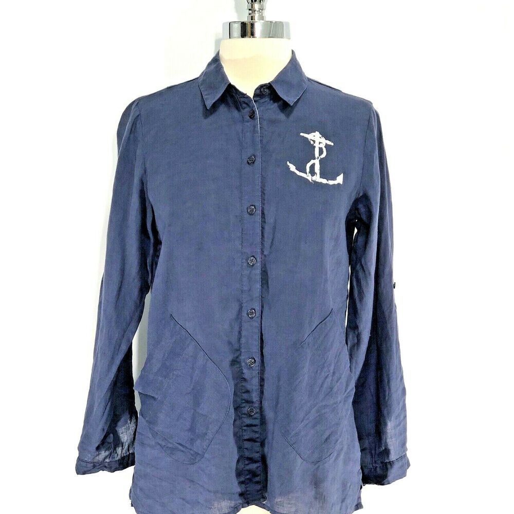 Soft Surroundings Size PXS Petite Button Down Top Blue White Anchor 100% Linen